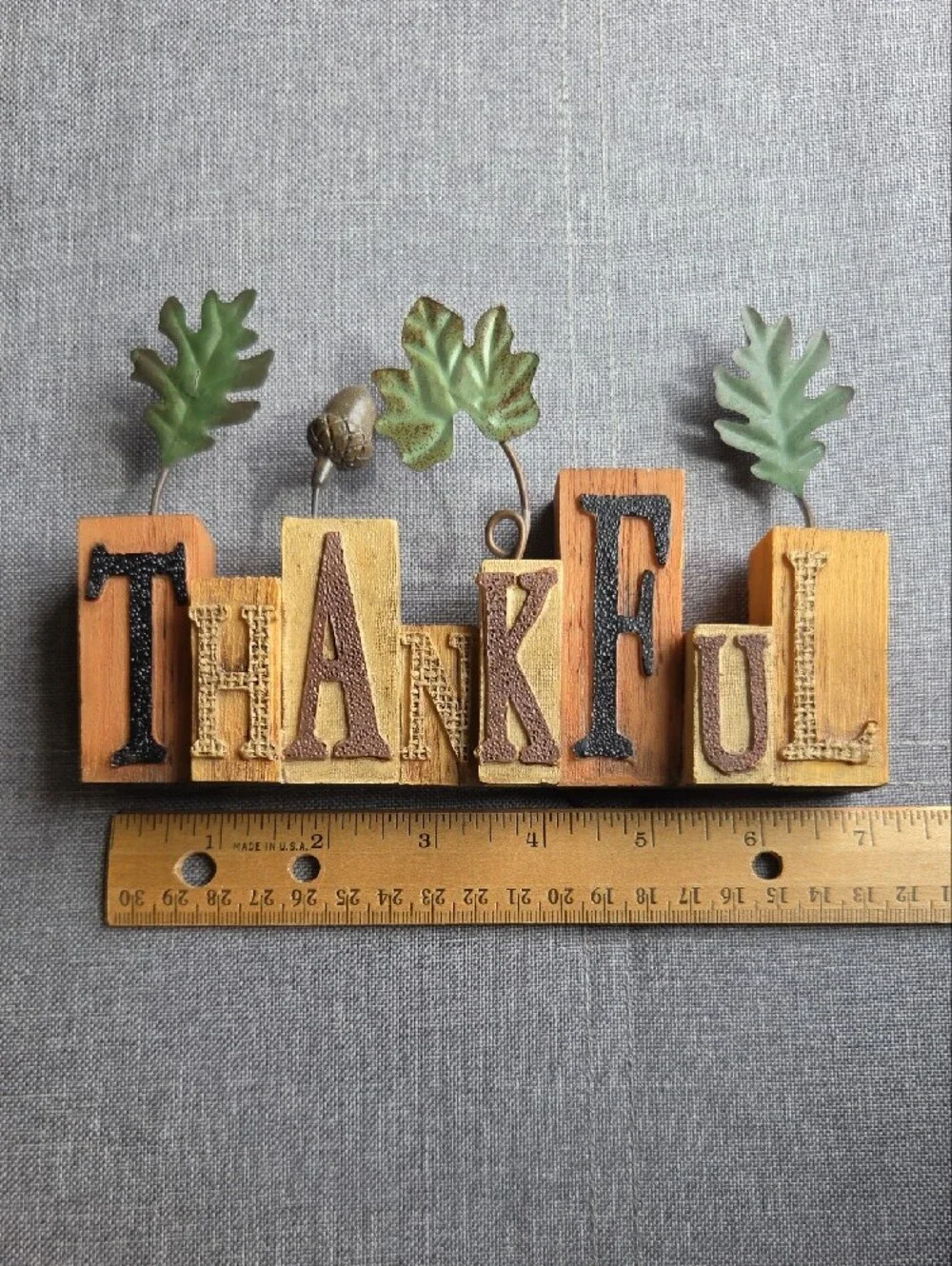 Thankful Rustic Faux Wood Tabletop Decor in Green and Brown